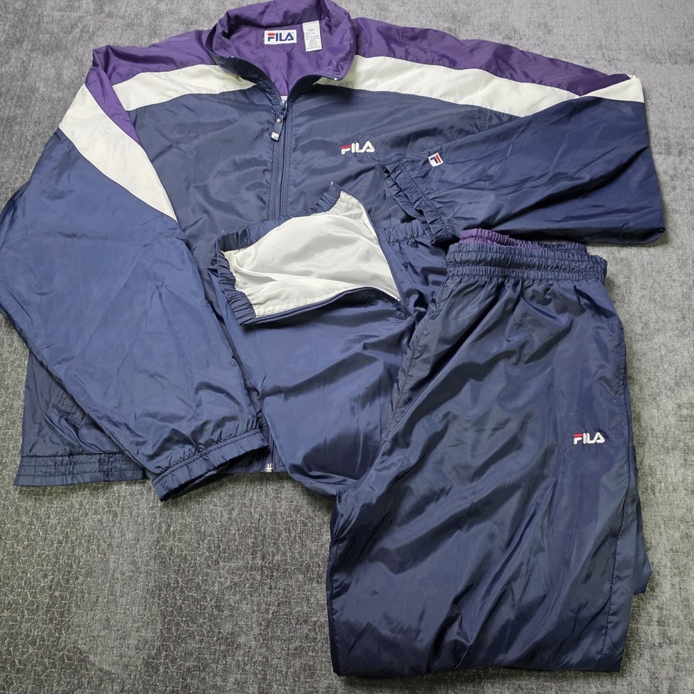 Vtg Y2K FILA Tracksuit Mens 2XL XXL Navy Blue Nylon Lined Hip Hop Full Zip Baggy